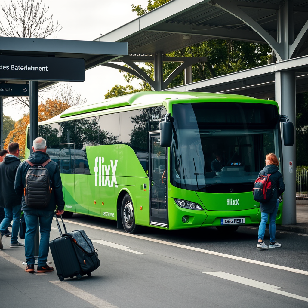 Moderner grüner Flixbus an einer deutschen Bushaltestelle mit wartenden Reisenden und Gepäck
