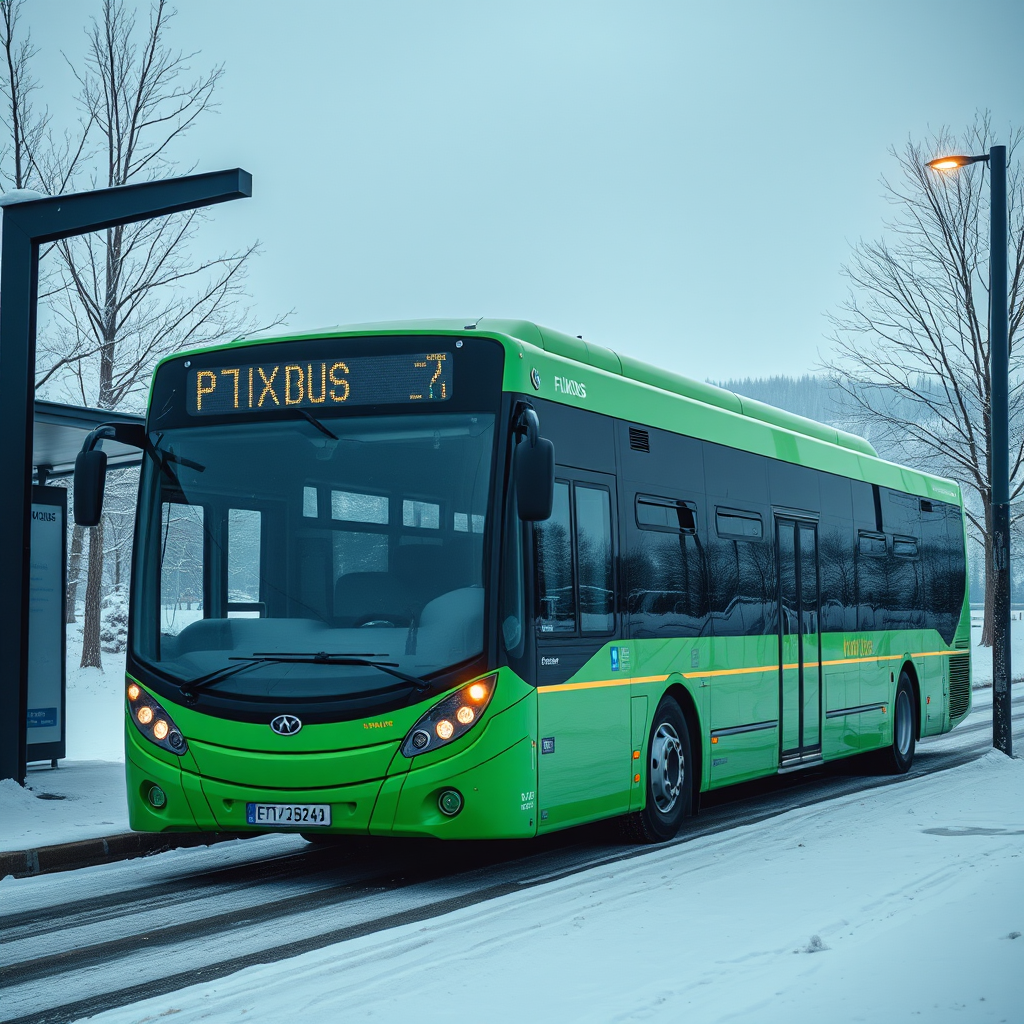 Moderner grüner FlixBus an einer verschneiten Haltestelle mit Winterlandschaft im Hintergrund