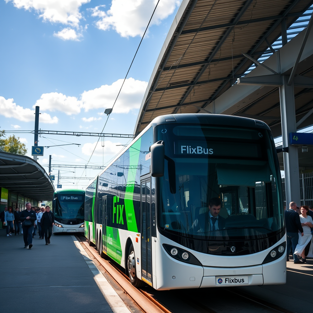 Moderne FlixBus Flotte an einem deutschen Bahnhof mit Passagieren beim Einsteigen, sonniger Tag mit blauem Himmel