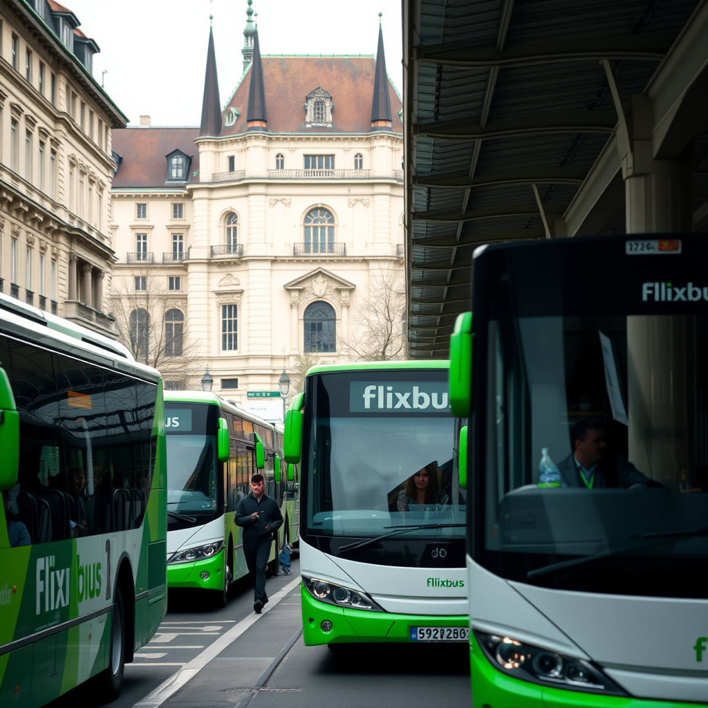 Moderne Flixbus-Flotte an einem europäischen Busbahnhof mit Passagieren, die in verschiedene Richtungen reisen, im Hintergrund historische Architektur einer deutschen Stadt