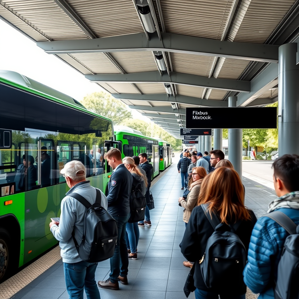 Moderne Flixbus-Station mit wartenden Passagieren und grünen Bussen im Hintergrund