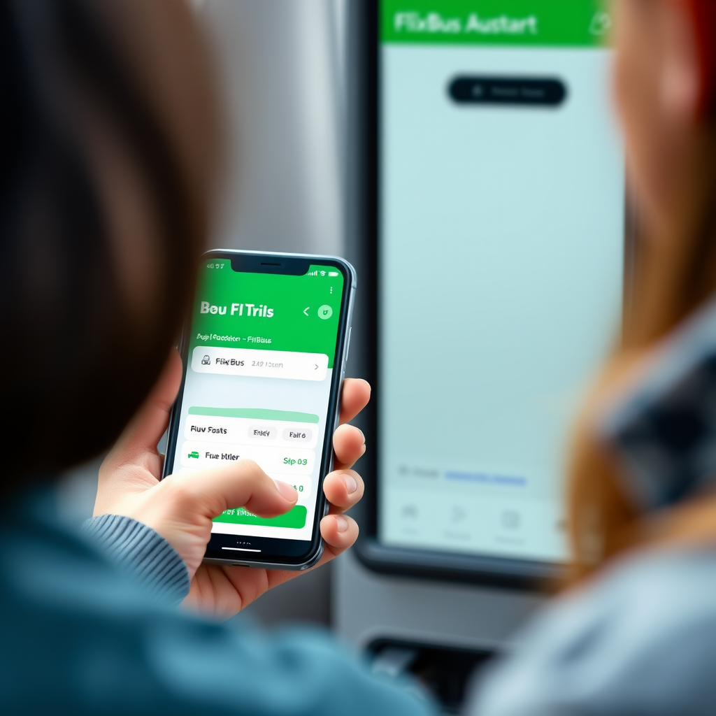 FlixBus Buchungsassistent zeigt eine Person, die ein Smartphone verwendet, um eine Busreise zu buchen, mit FlixBus-Interface im Hintergrund