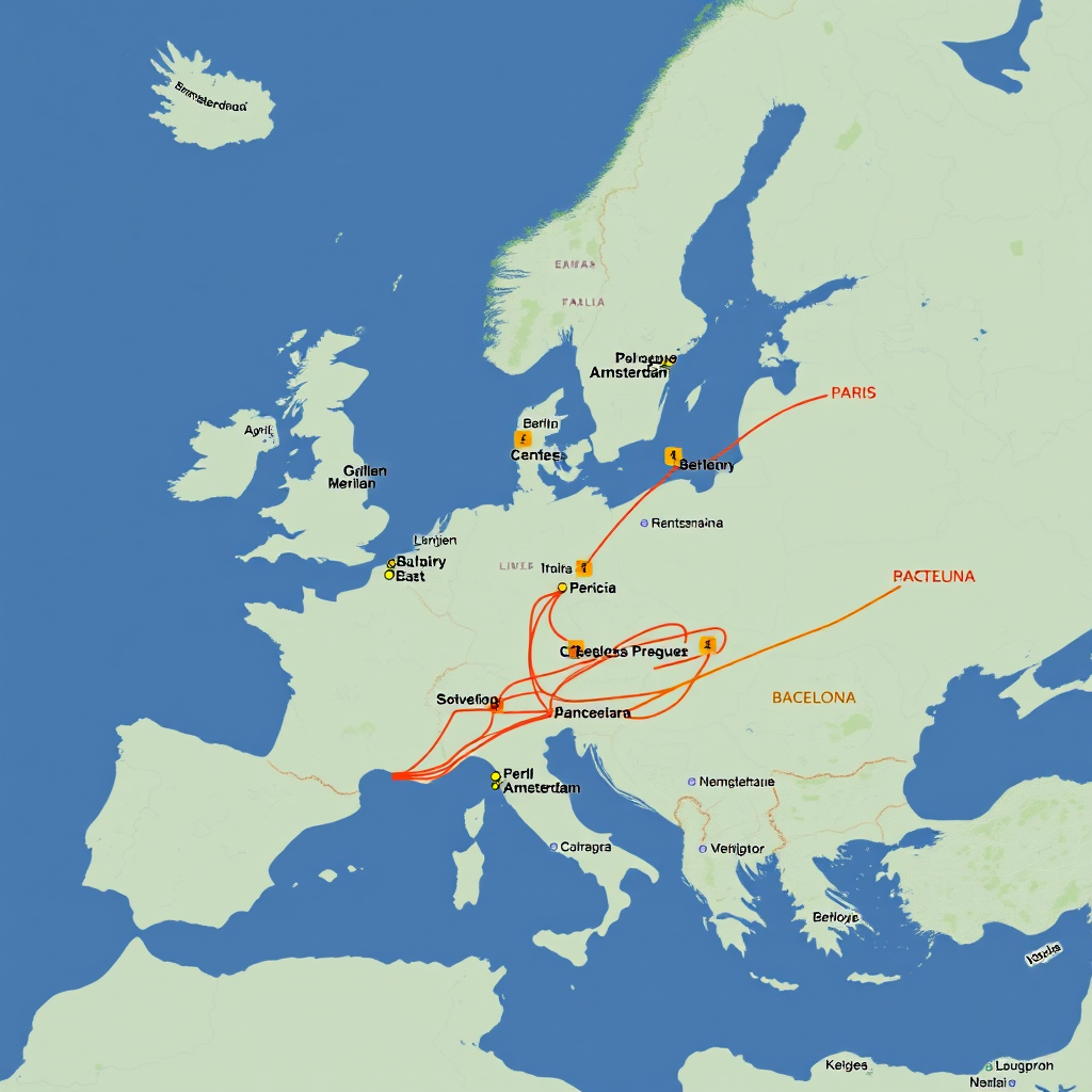 Interaktive Karte von Europa mit verschiedenen Städten und Busrouten, die durch farbige Linien verbunden sind, zeigt eine komplexe Mehrstädtereise mit FlixBus-Verbindungen zwischen Berlin, Paris, Amsterdam, Prag und Barcelona