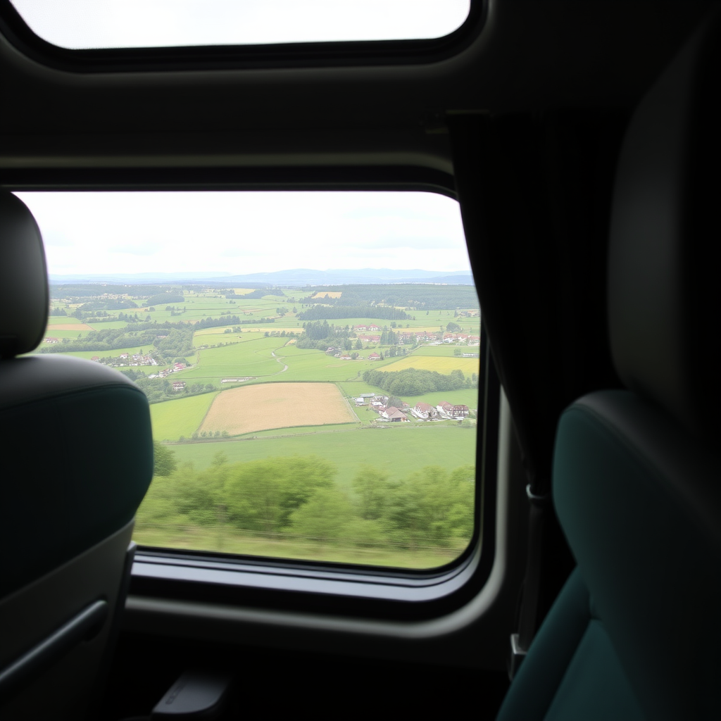 Malerische deutsche Landschaft mit Feldern und Dörfern, gesehen durch das Fenster eines Flixbuses während der Fahrt