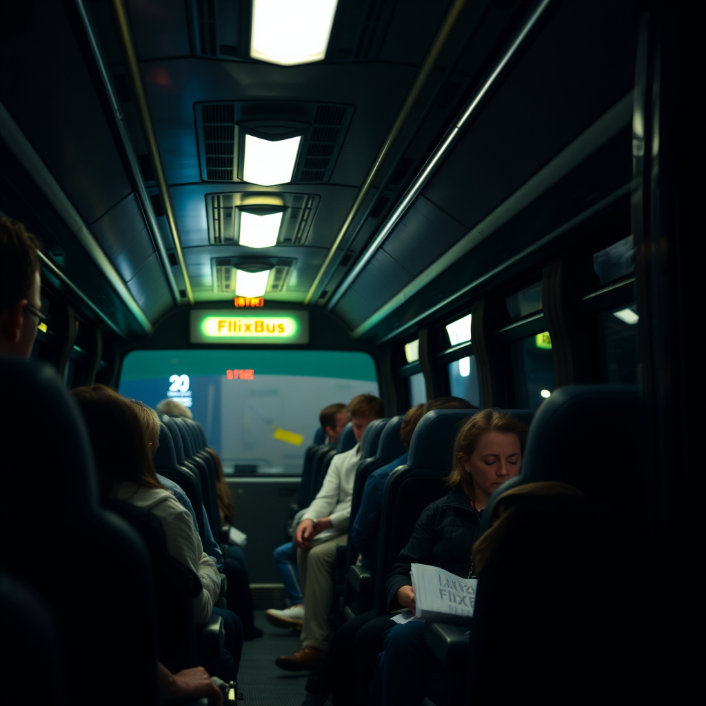 Komfortabler FlixBus-Innenraum bei Nacht mit gedämpfter Beleuchtung und schlafenden Passagieren