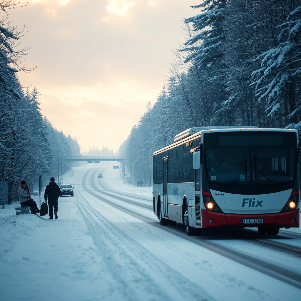 Winterlandschaft mit FlixBus auf verschneiter Autobahn, wenige Passagiere an der Haltestelle