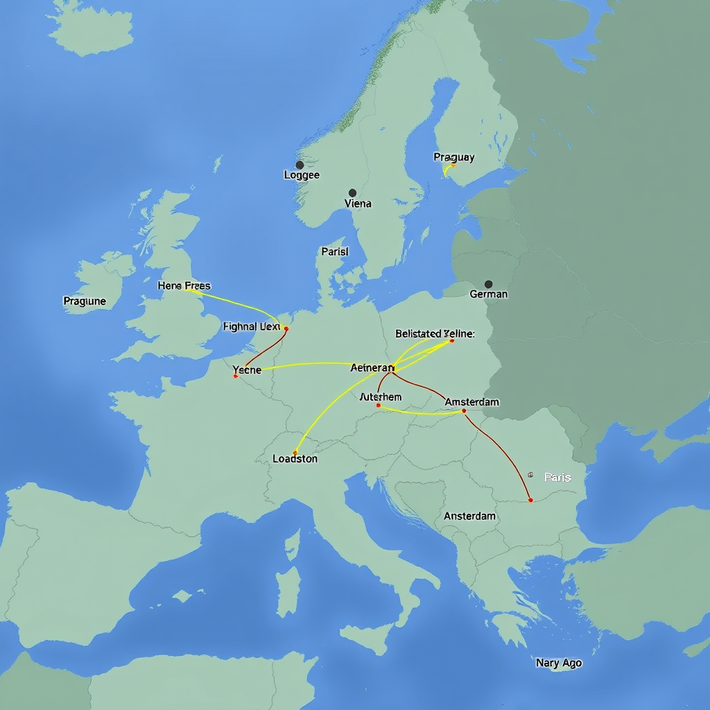 Interaktive Europakarte mit eingezeichneten Busrouten von deutschen Städten nach Prag, Wien, Amsterdam und Paris, mit farbigen Linien und Reisezeiten