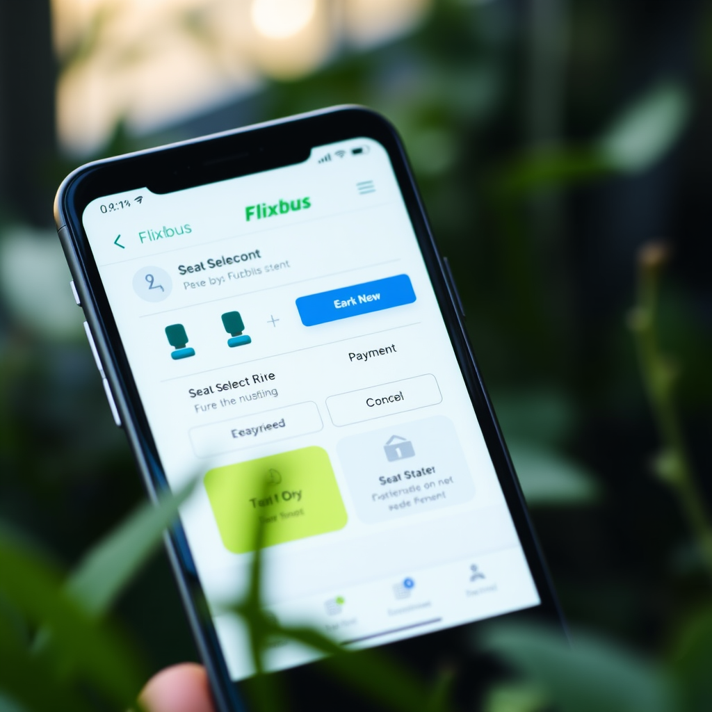 Smartphone-Bildschirm mit Flixbus-Buchungsapp, Sitzplatzauswahl und Zahlungsoptionen für einfache Busreisen-Reservierung