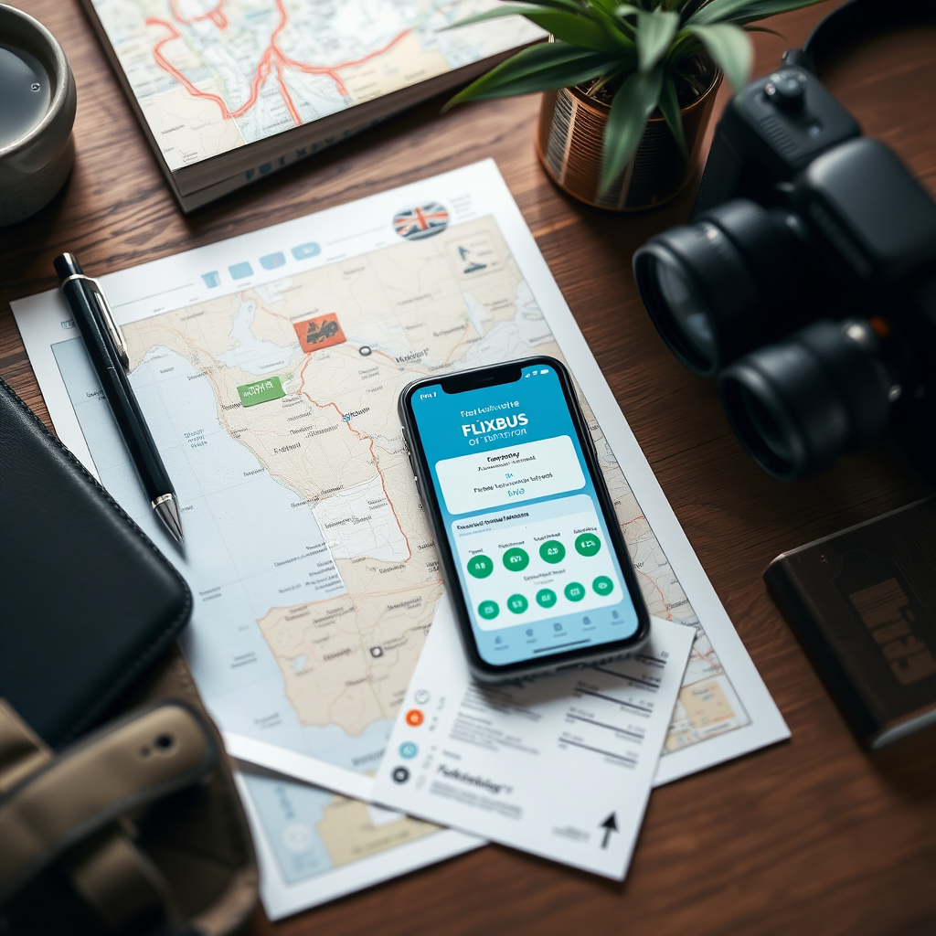 Moderne Reiseplanung mit digitalen Tools, Smartphone mit Flixbus-App, Reisekarten und Notizen auf einem Tisch