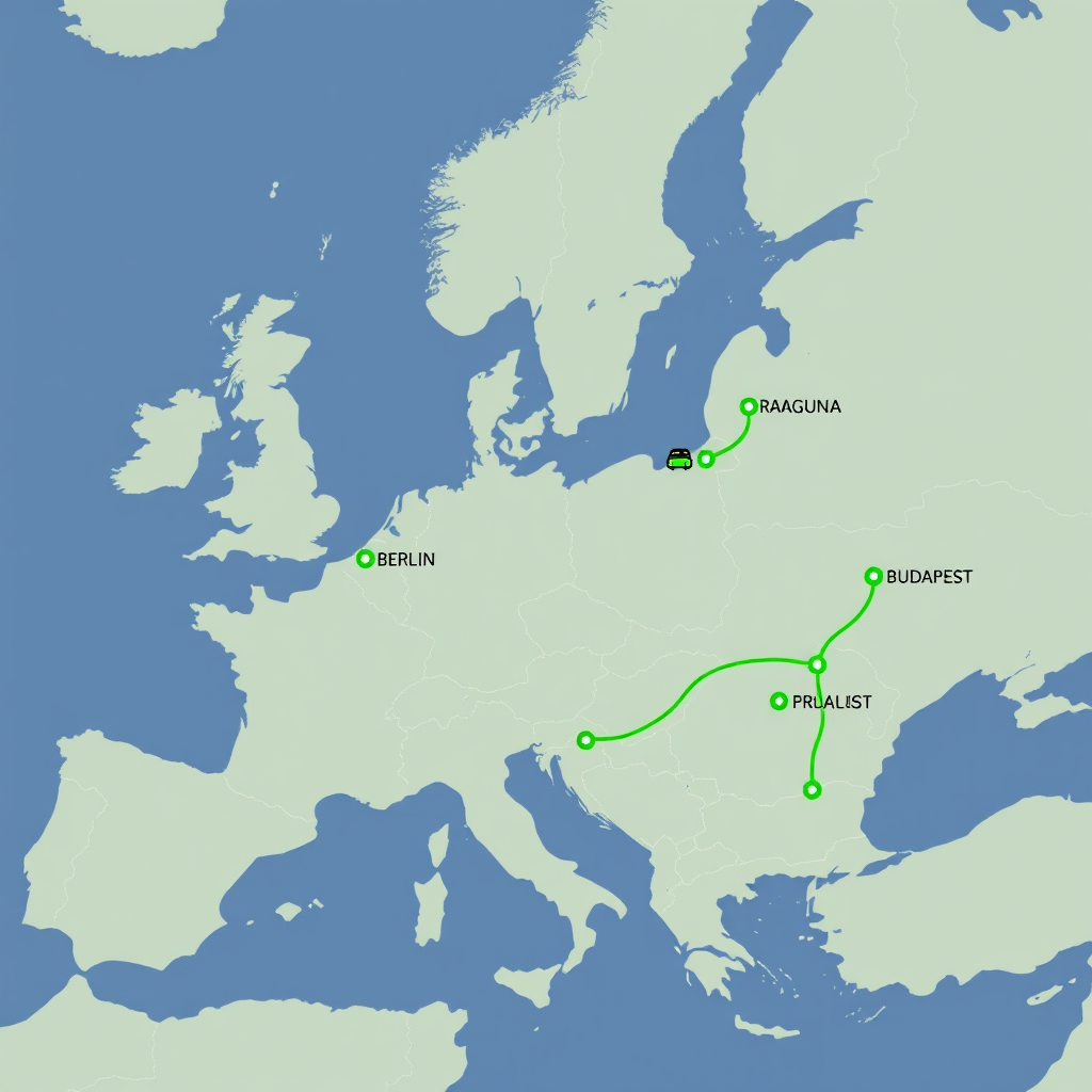 Karte von Mitteleuropa mit markierten Städten Berlin, Prag, Wien und Budapest, verbunden durch grüne FlixBus-Routen, zeigt eine klassische Mitteleuropa-Rundreise