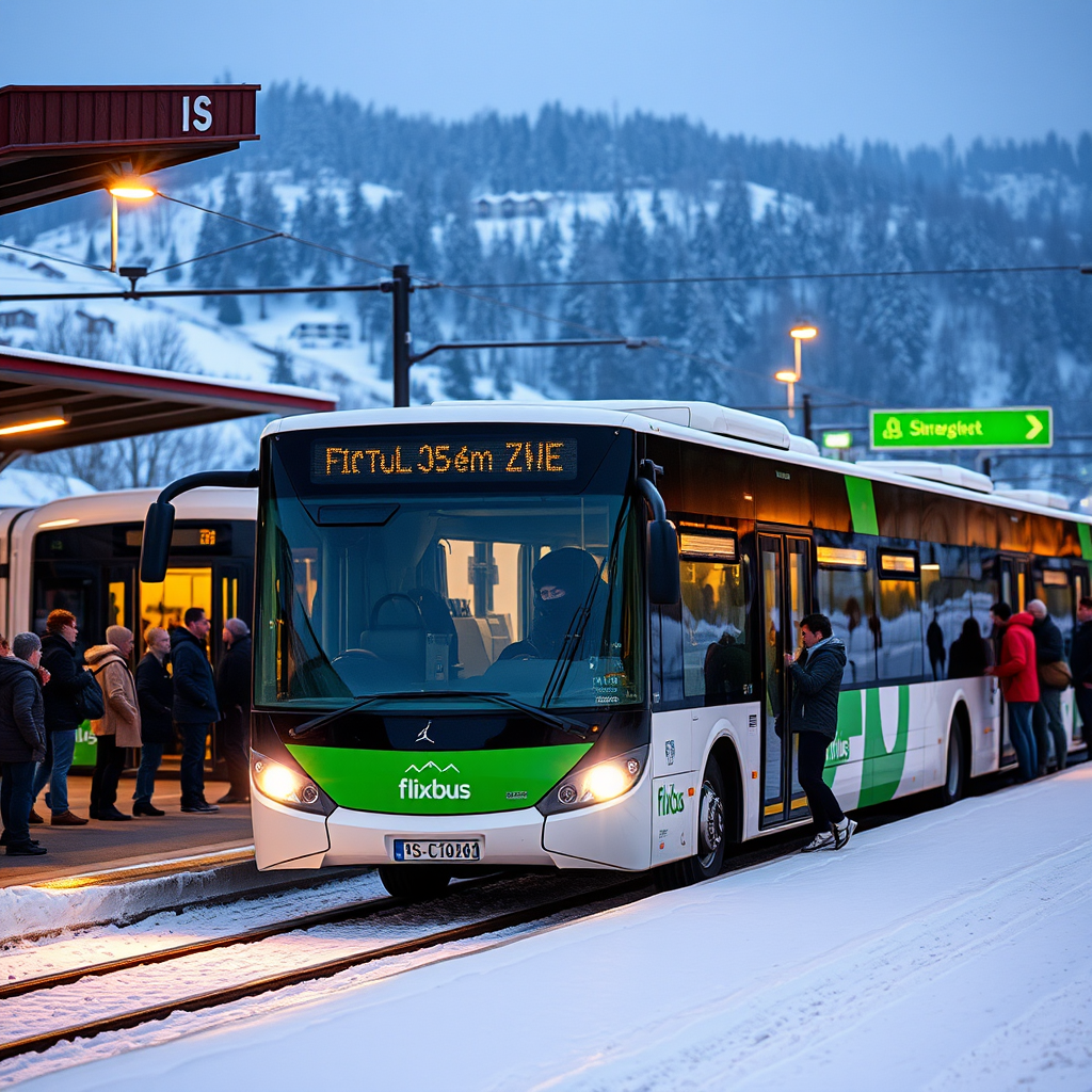 Moderne FlixBus Fahrzeuge an einem verschneiten Bahnhof in Deutschland mit Winterlandschaft im Hintergrund, Passagiere steigen ein, warme Beleuchtung