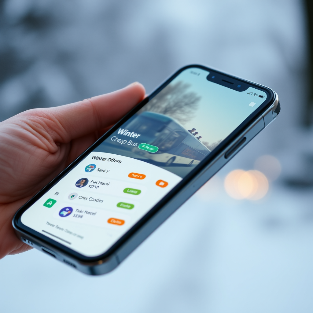 Smartphone mit FlixBus-App zeigt Winterangebote und Rabattcodes für günstige Busreisen