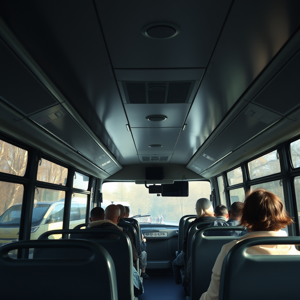 Leerer FlixBus Innenraum an einem Dienstag Morgen, wenige Passagiere, ruhige Atmosphäre