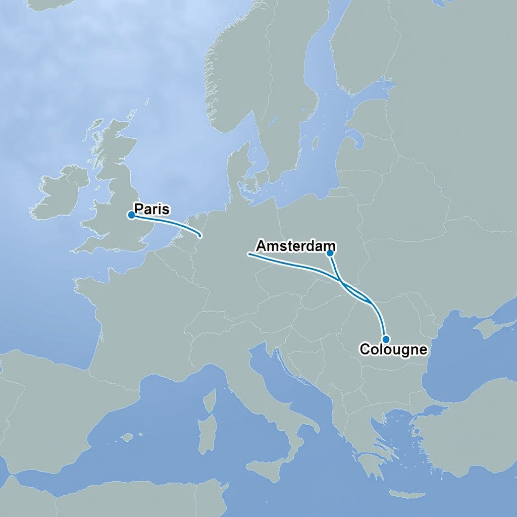 Westeuropa-Karte mit hervorgehobenen Städten Paris, Amsterdam, Brüssel und Köln, verbunden durch blaue FlixBus-Linien, zeigt eine Westeuropa-Rundreise