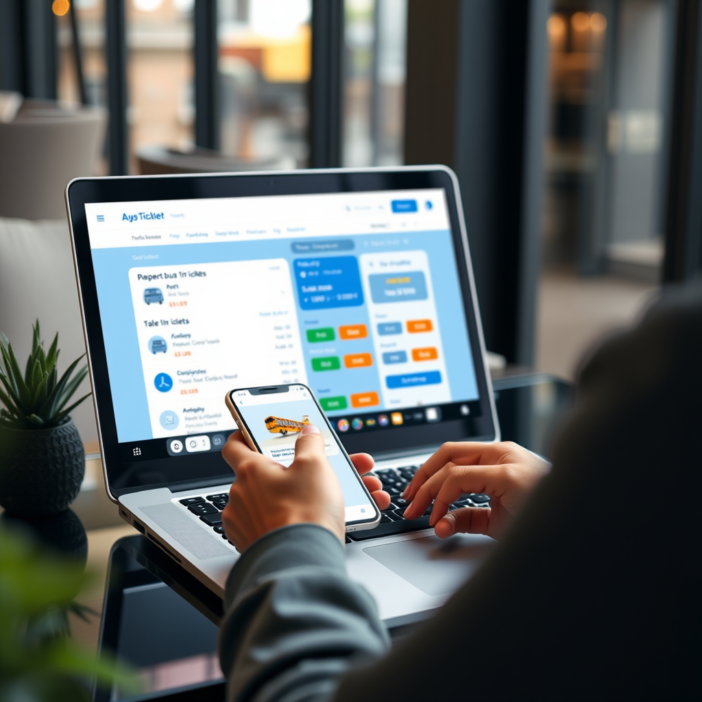 Person mit Smartphone und Laptop beim Online-Buchen von Bustickets, Bildschirm zeigt Preisvergleiche und Buchungsoptionen, moderne Arbeitsplatz-Atmosphäre