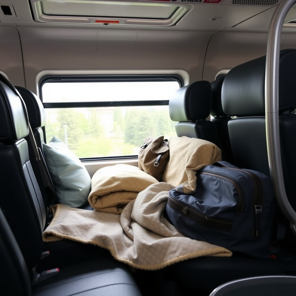 Reisegepäck und Komfort-Zubehör für Busreisen, inklusive Kissen, Decke und praktische Reisetaschen für lange Fahrten