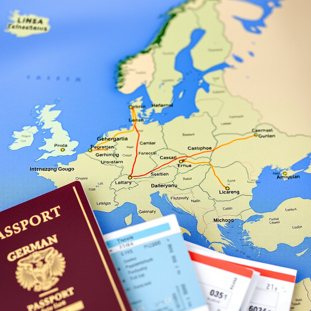 Europäische Landkarte mit markierten Busrouten zwischen deutschen Städten und europäischen Hauptstädten, bunte Linien zeigen Verbindungen, Reisepass und Tickets im Vordergrund