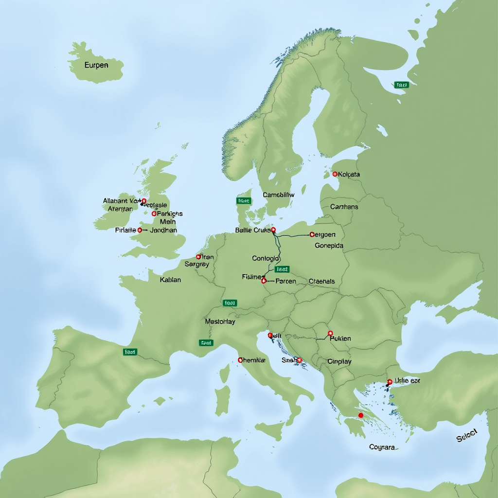 Europakarte mit markierten Städten und Busverbindungen für mehrtägige Rundreisen durch verschiedene europäische Metropolen