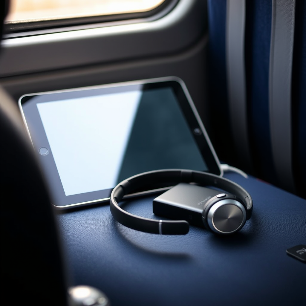 Tablet, Kopfhörer und Powerbank für Unterhaltung während der Busreise